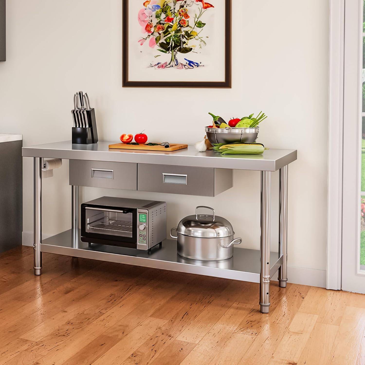 YITAHOME 60" X 24" Stainless Steel Table with Paper Towel Holder and 2 Drawers, NSF Work Table with Drawer, Metal Table Prep Table for Home Kitchen Restaurant Garage Warehouse