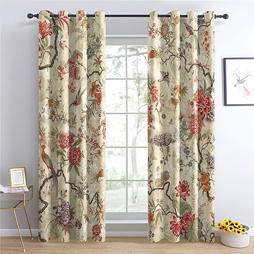 Miniatura 3 de Cortinas étnicas para dormitorio, sala de estar, diseño de plantas de pájaros, cortinas opacas de 63 pulgadas de largo, juego de 2 paneles de