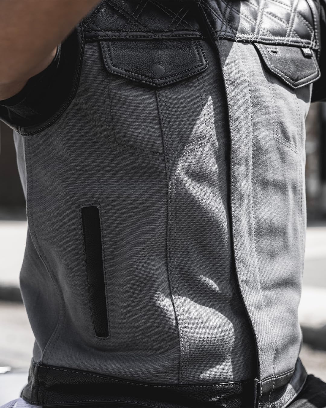 First Mfg Co - Hunt Club - Men’s Motorcycle Biker Riding Leather and Canvas Vest - Diamond Quilted Stitching