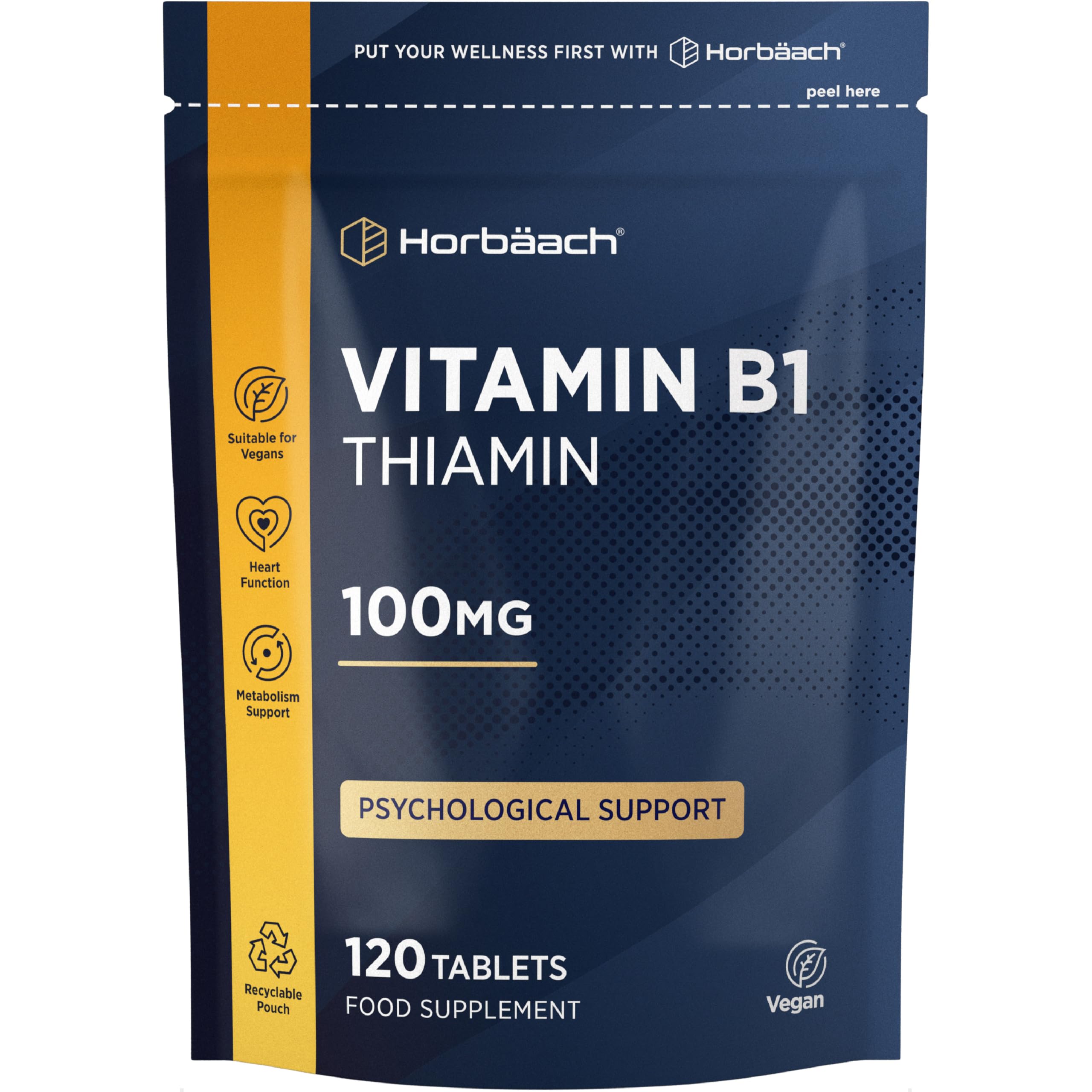 Vitamin B1 Thiamine 100mg Tablets | 120 Count (4 Months Supply) | High Strength Vitamin B1 | Suitable for Vegetarians and Vegans | by Horbaach