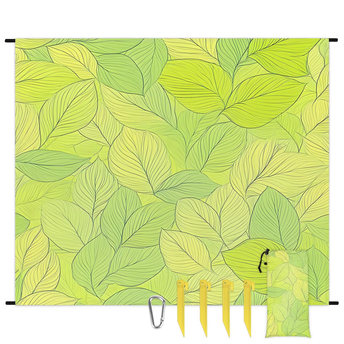 Eabrults Waterproof Sandproof Beach Blanket, 59''×68'' Curry Leaf Polyester Outdoor Picnic Blanket with 4 Stakes & Storage Bag for Beach,Camping,Vacation Green
