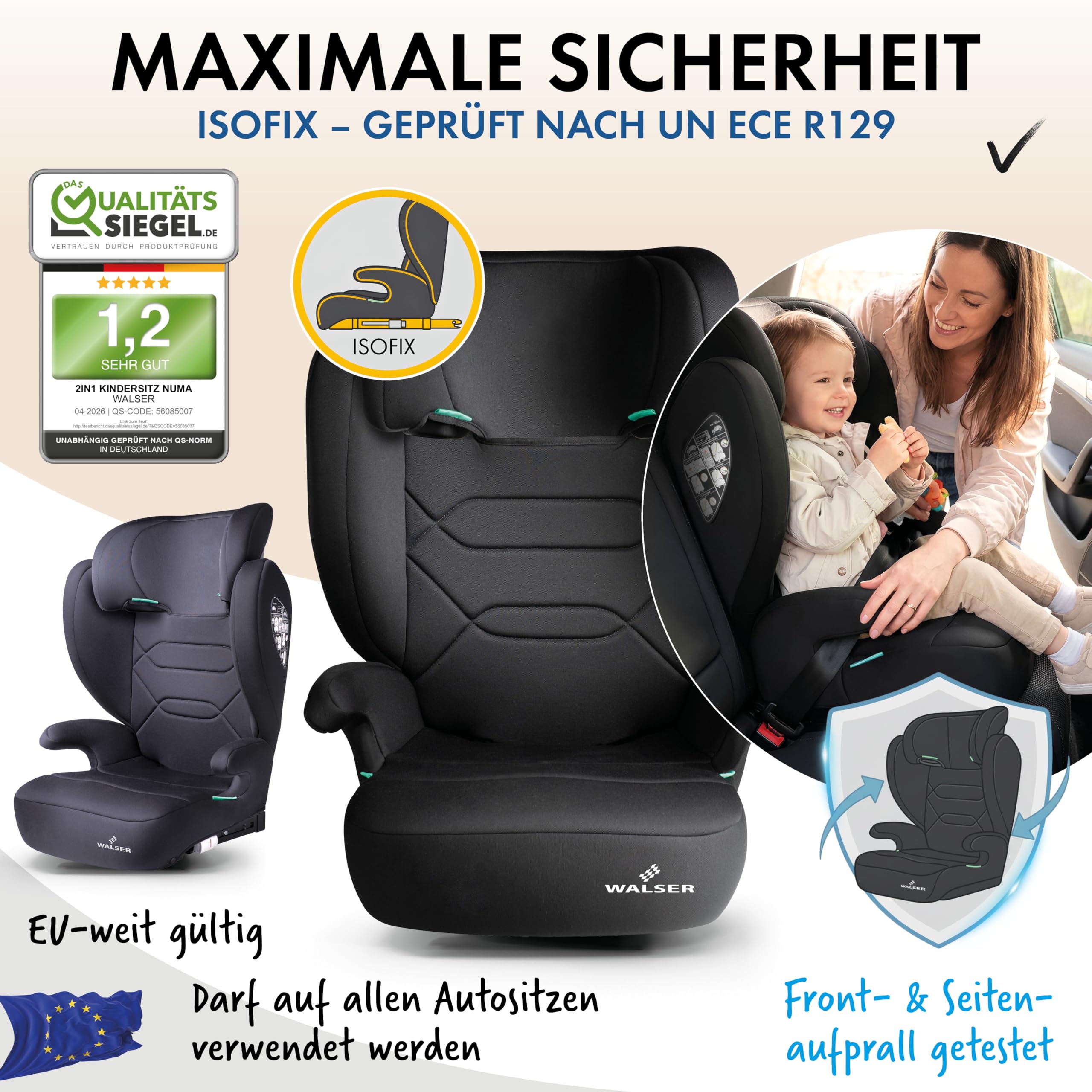WALSER Premium Kindersitz Auto Numa 2in1 ISOFIX Kinder Sitzerhöhung abnehmbare Rückenlehne mitwachsende Kopfstütze 3-8 Jahre 100-150 cm ECE R 129 anthrazit