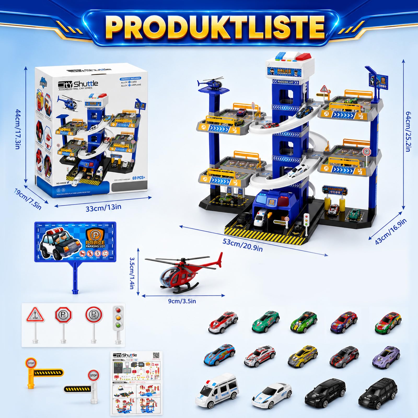5 piani Garage per Bambini con Luci e Suoni, Parcheggio per Bambini con Ascensore, Giocattolo Garage Auto con Polizia, 14 Auto e 1 Elicotteri, Regali per Bambini 5-9 Anni, Blu