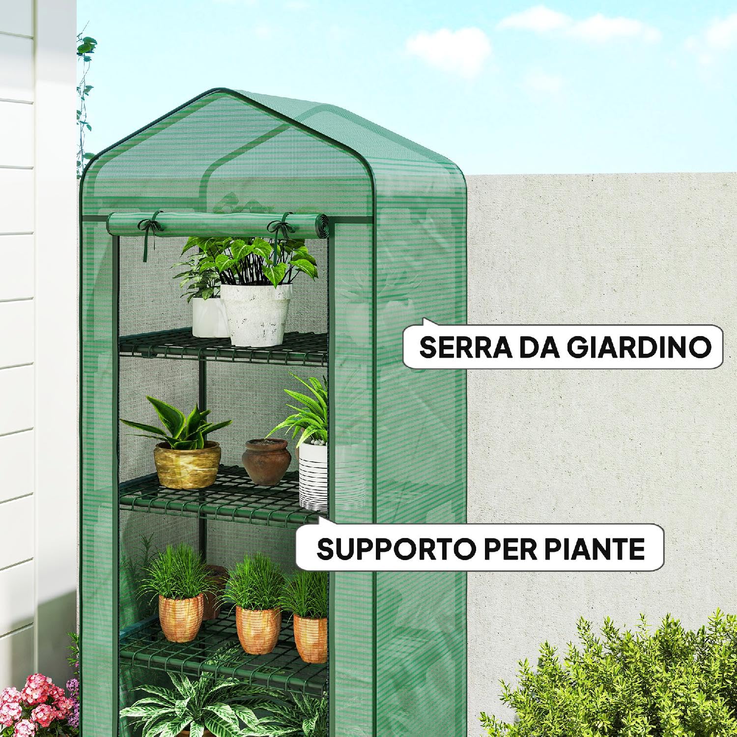 Mini Serra da Giardino a 4 Livelli con 4 Rotelle e Ingresso Avvolgibile in Acciaio e PE 69x50x165 cm colore Verde