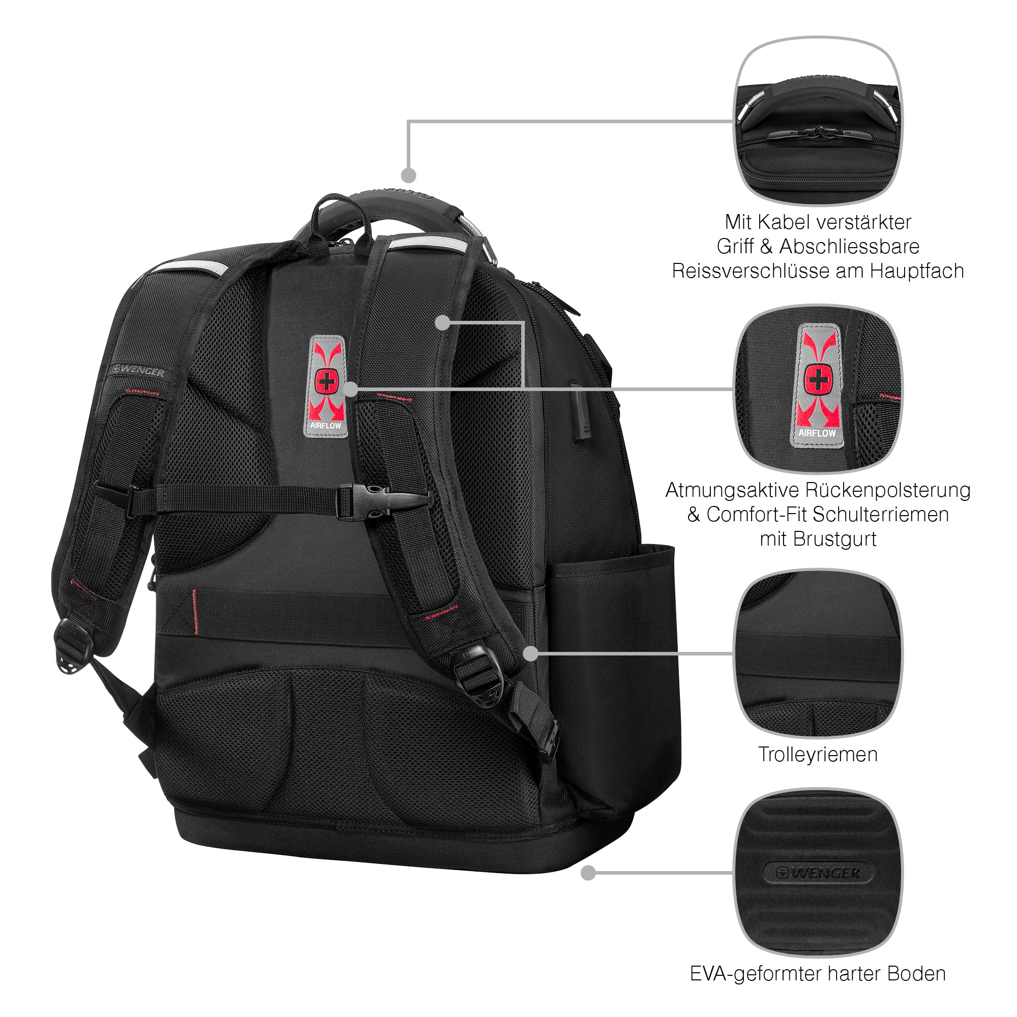 WENGER Tool Backpack Pro Werkzeugrucksack mit 17 Zoll Laptopfach, Arbeitsrucksack für Handwerker, Herausnehmbarer Werkzeug-Caddy, Schwarz, 653722