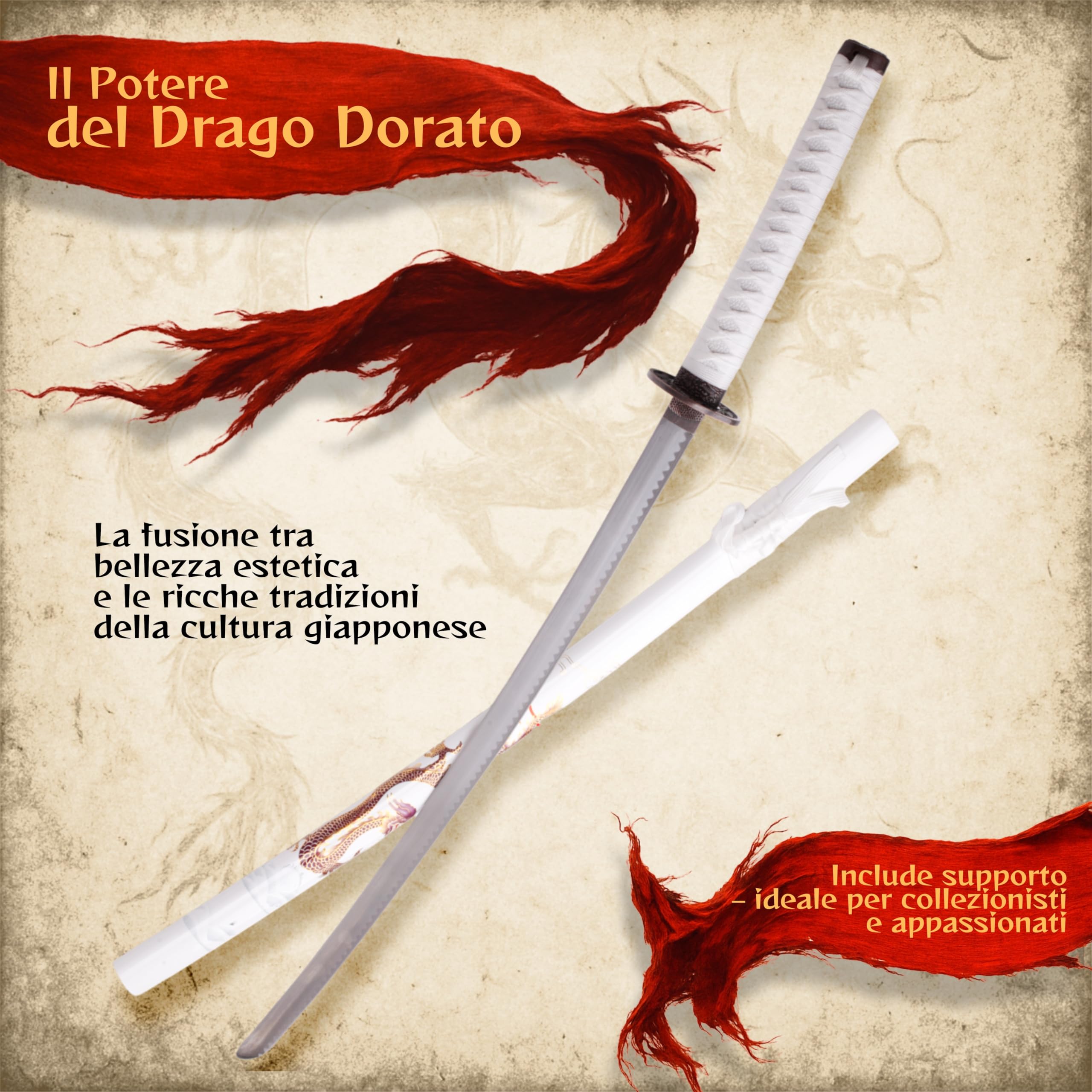 57 SPECIAL REPLICAS Oggetto di scena - Bianco con drago giapponese con fodero e supporto 103 cm 4KM100-405WH