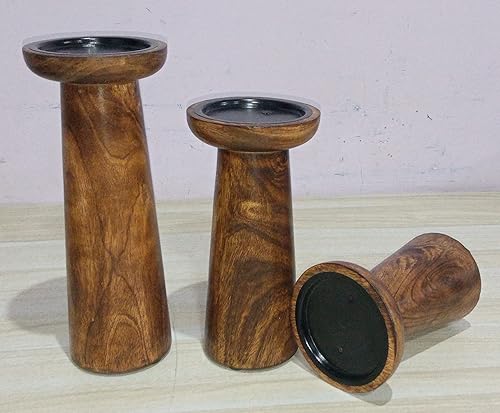 Miniatura 9 de Juego de 3 portavelas de pilar de madera hechos a mano, ideales para velas LED y pilares, regalos para bodas, Navidad, fiestas, hogar, spa, reiki,