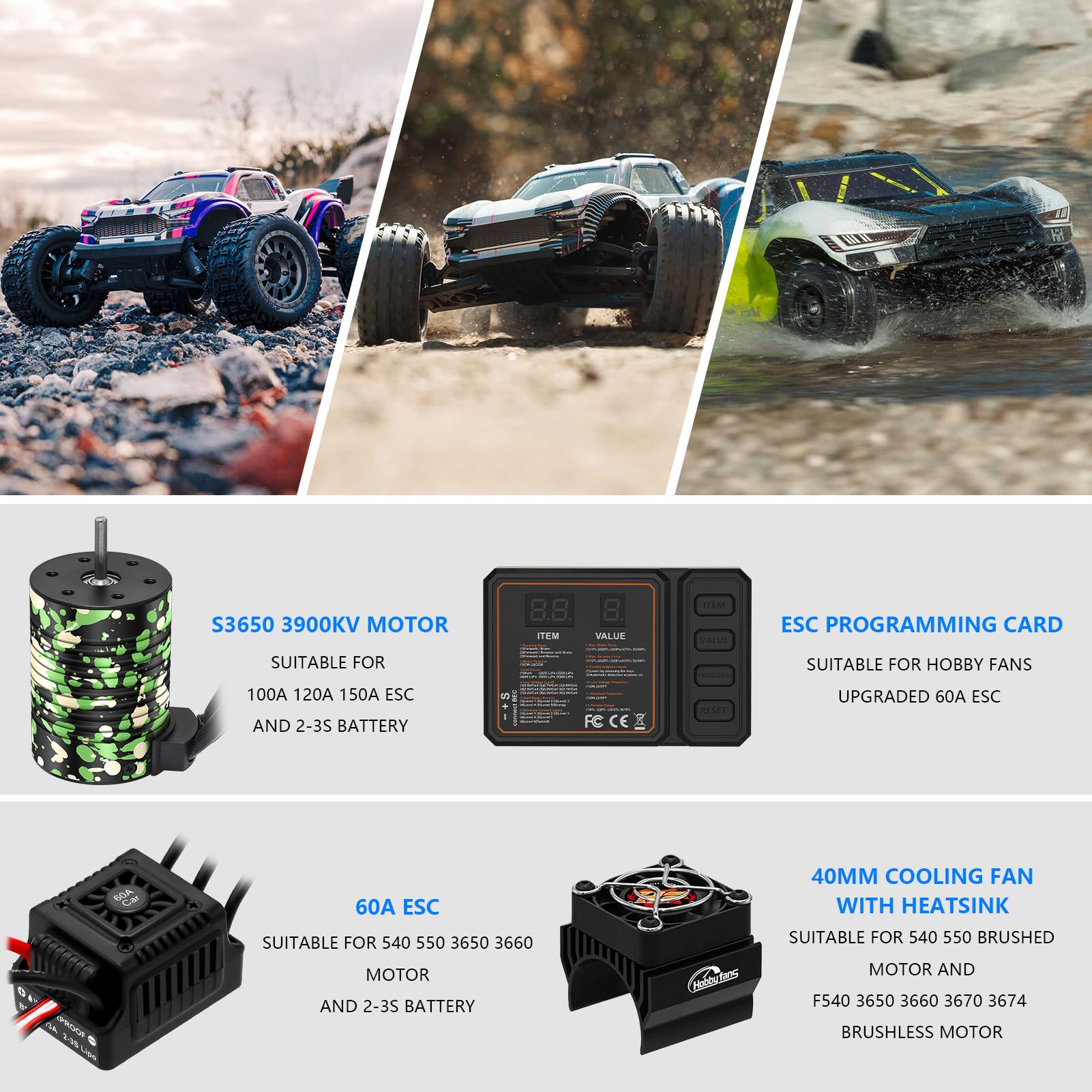 Motor sin escobillas GR3650 3900KV resistente al agua de 3,175 mm con controlador de velocidad eléctrico ESC sin sensores de 60 A, juego combinado y disipador de calor y tarjeta de