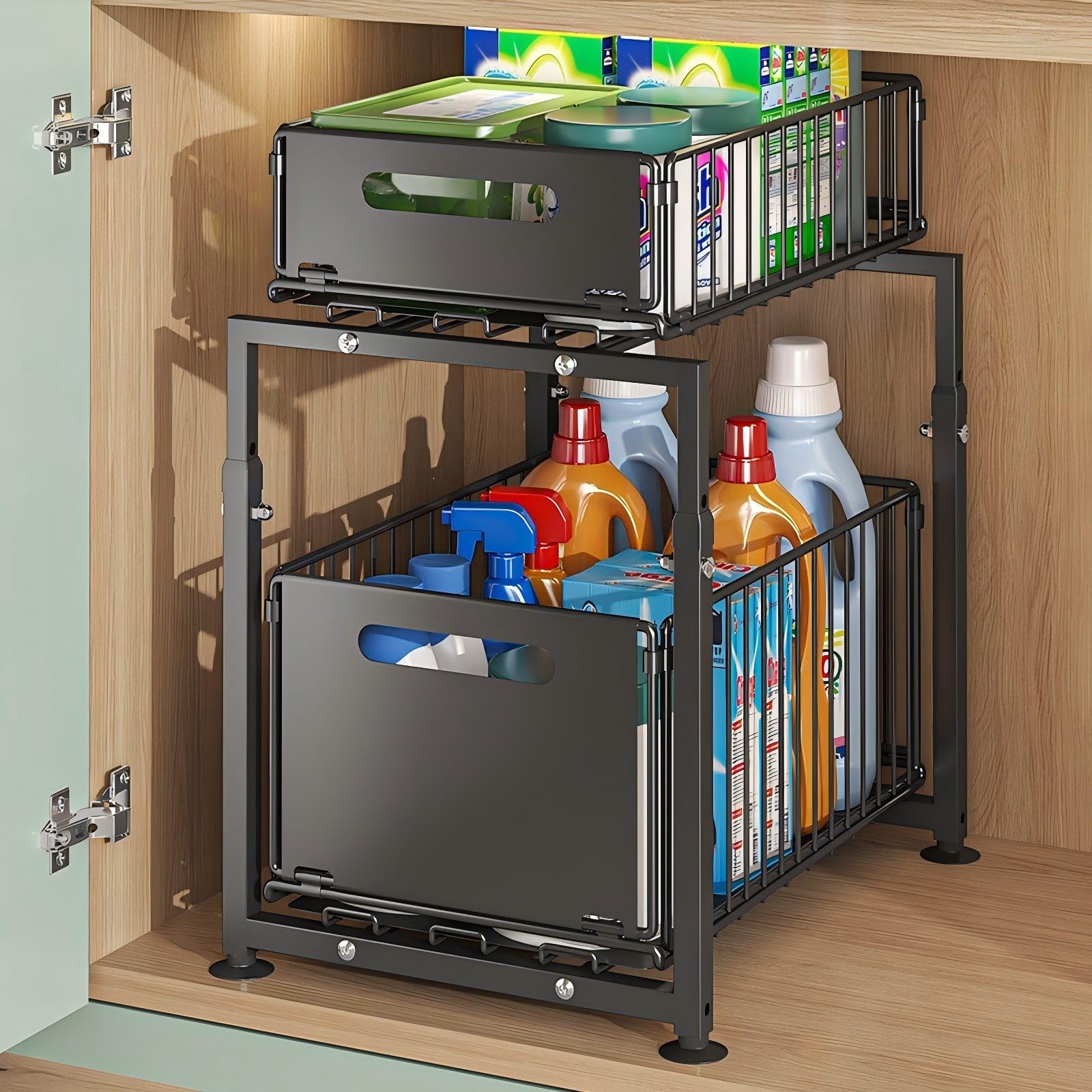 Étagère de Rangement Sous Évier en Métal 2 Niveaux, Tiroir Coulissant Organisateur Placard Cuisine Salle de Bain, Rangement Gain de Place Plan de Travail