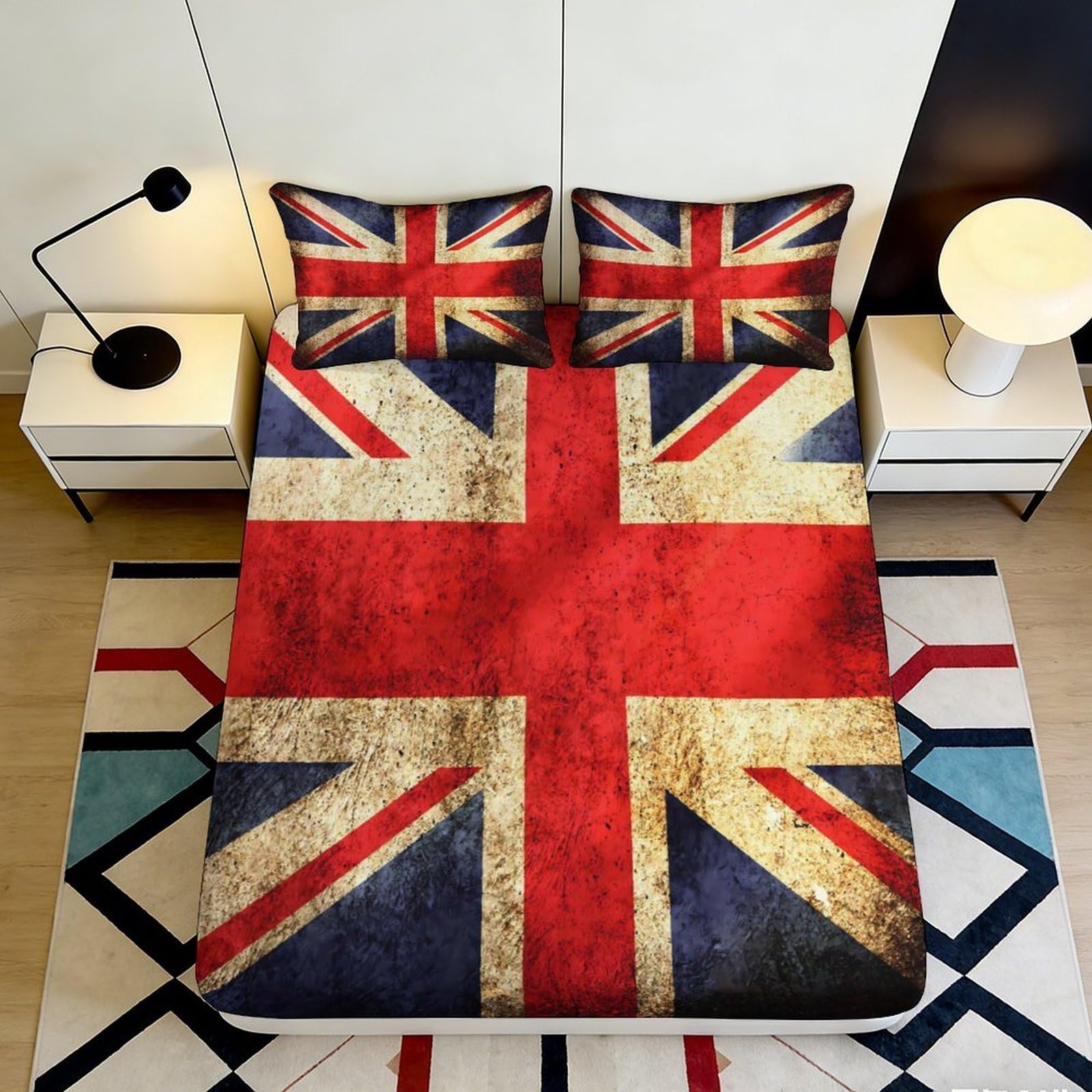 3D Printed British Style Fitted Sheet Microfiber Deep Pocket Bedroom Bedding UK Flag Mattress Fitted Cover Non-Slip Washable for Adults Teens 140x200x25cm