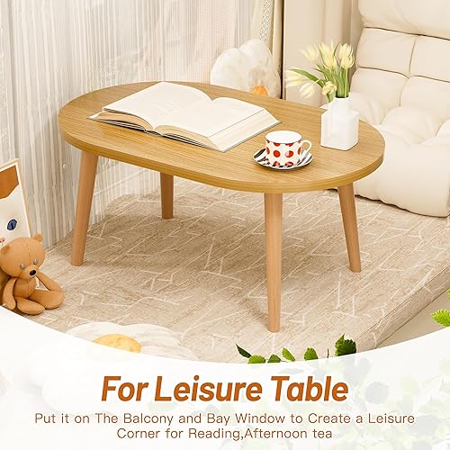 Miniatura 5 de Mesa auxiliar baja con patas de madera maciza, mesa auxiliar ovalada pequeña, mesa auxiliar para sentarse en el suelo, muebles de almacenamiento y