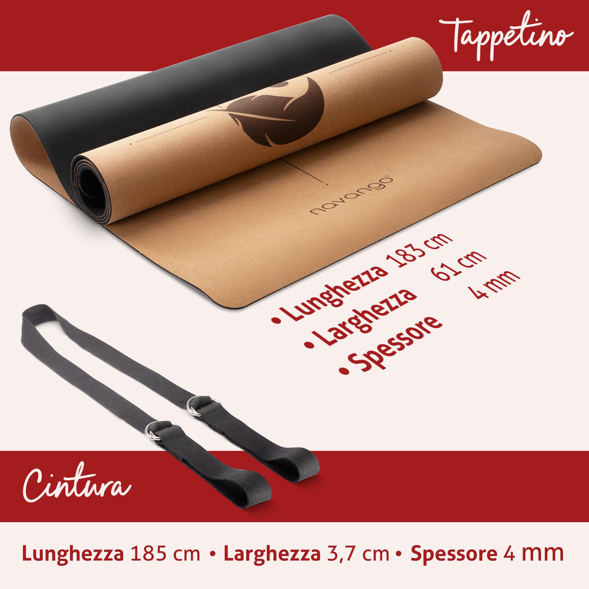 Tappetino Yoga Sughero | 183x61x0,4cm | Tappetino Yoga Antiscivolo | in Gomma Naturale | Tappeto Pilates | Cinghia Yoga inclusa | Realizzato con Materiali Sostenibili | Set Pilates
