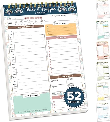 Decorably Bloc de notas de 52 hojas de arcoíris bohemio sin fecha de lista de tareas diarias, 6.5 x 10 pulgadas, planificador diario con resorte