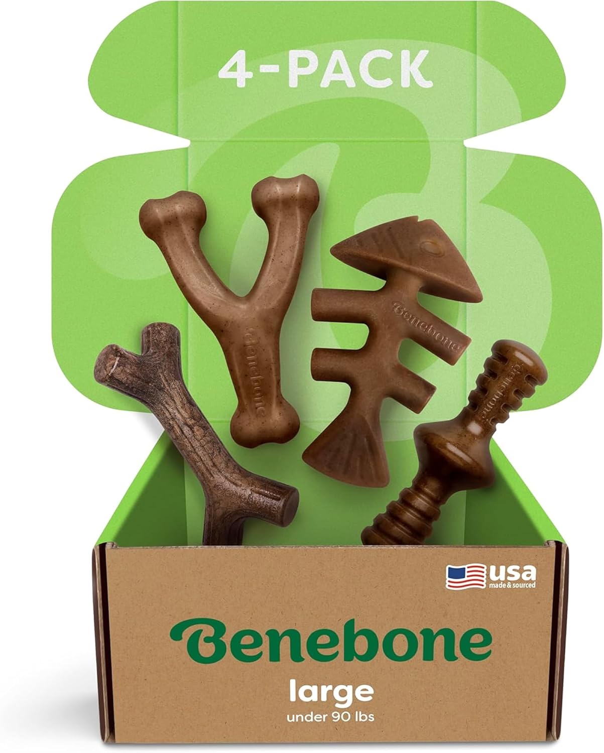 Benebone Large 4-Pack Durable Dog Chew Toys for Aggressive Chewers - Real Flavors, Made in USA for Dogs Under 90 lbs
