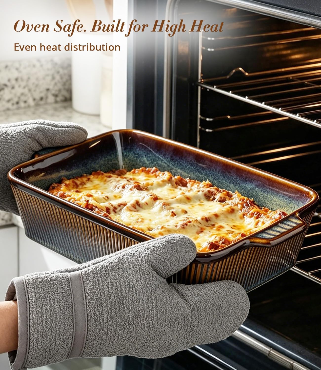 TheTerra Casserole Dishes for Oven, Ceramic Baking Dish Set of 3 with Handles, Deep Rectangular Baking Dishes, Reactive Glaze Bakeware Set, Lasagna Pan Set for Baking, 10.7"/13.1"/14.5", Coca Mocha