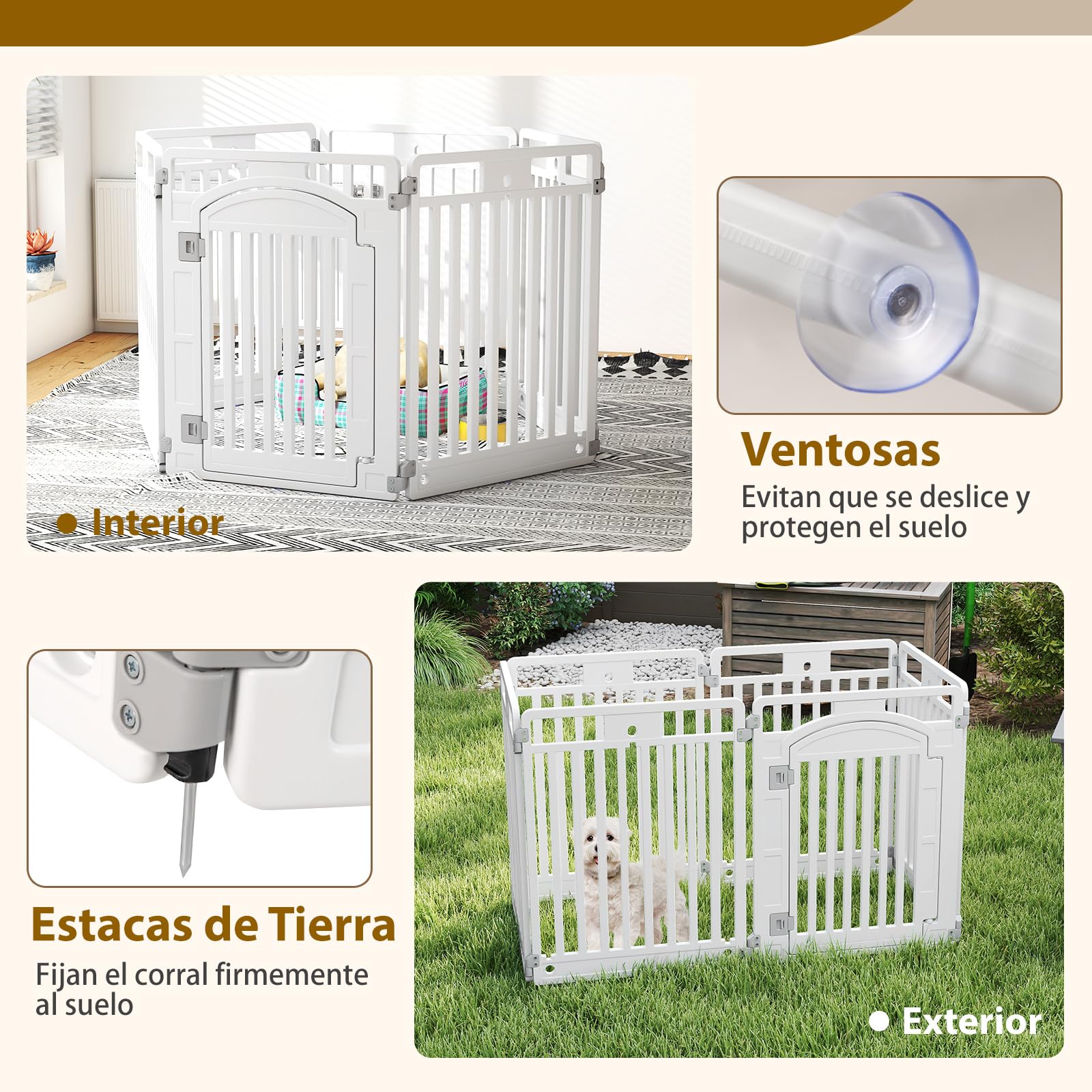 COSTWAY Corral de Mascotas de 6/12 Paneles, Valla Plegable de 81 cm con Puerta de Cierre Seguro, Estacas y Ventosas, Ideal para Perros Pequeños y Medianos, Interior y Exterior, Blanco