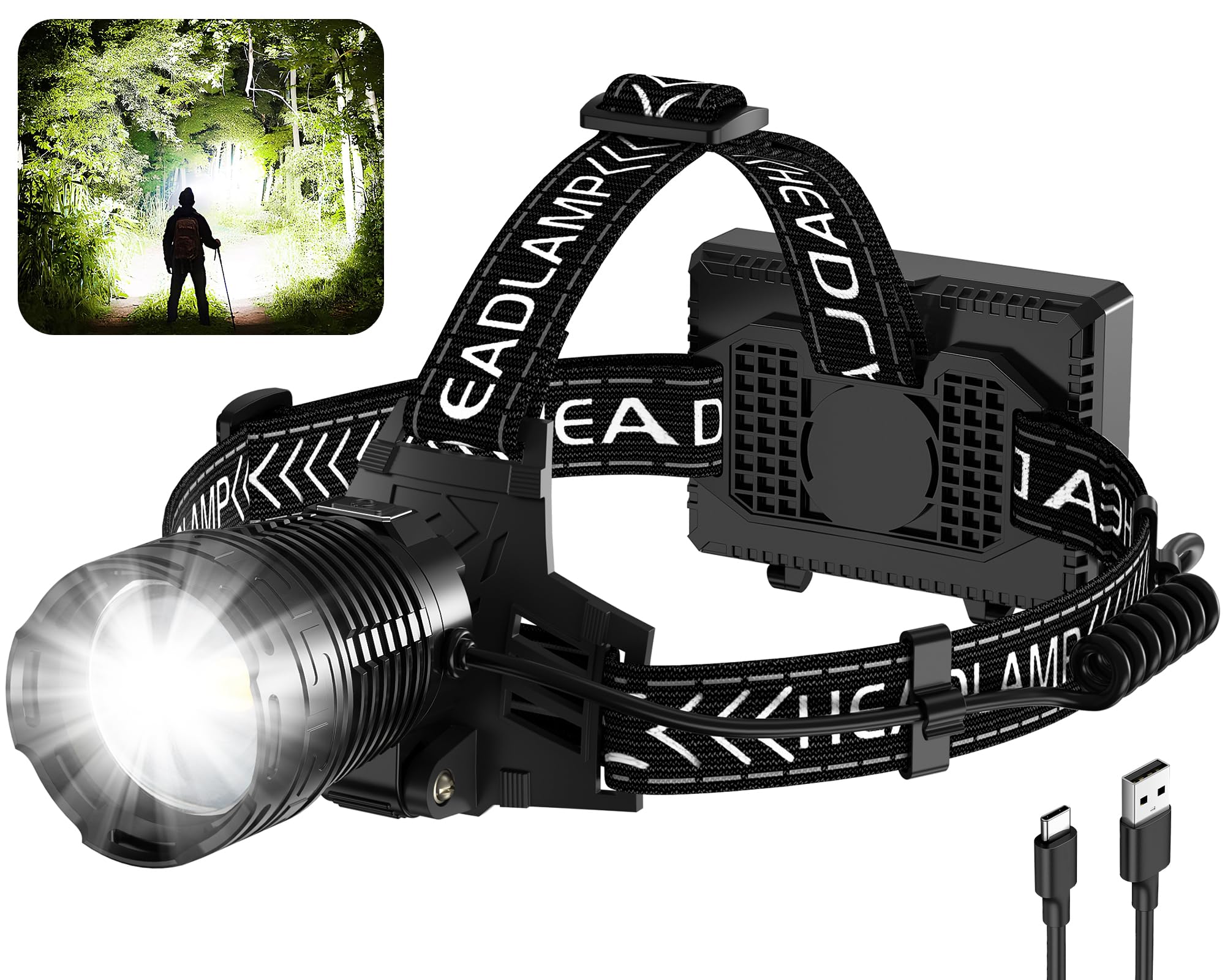 Headlamp Rechargeable, 3000 Lumen Super Bright Led Headlamps with 4 Modes & 12H Long Runtime, Powerful Waterproof Head Lamp with Digital Display & 90° Adjustable for Adults Camping Cycling