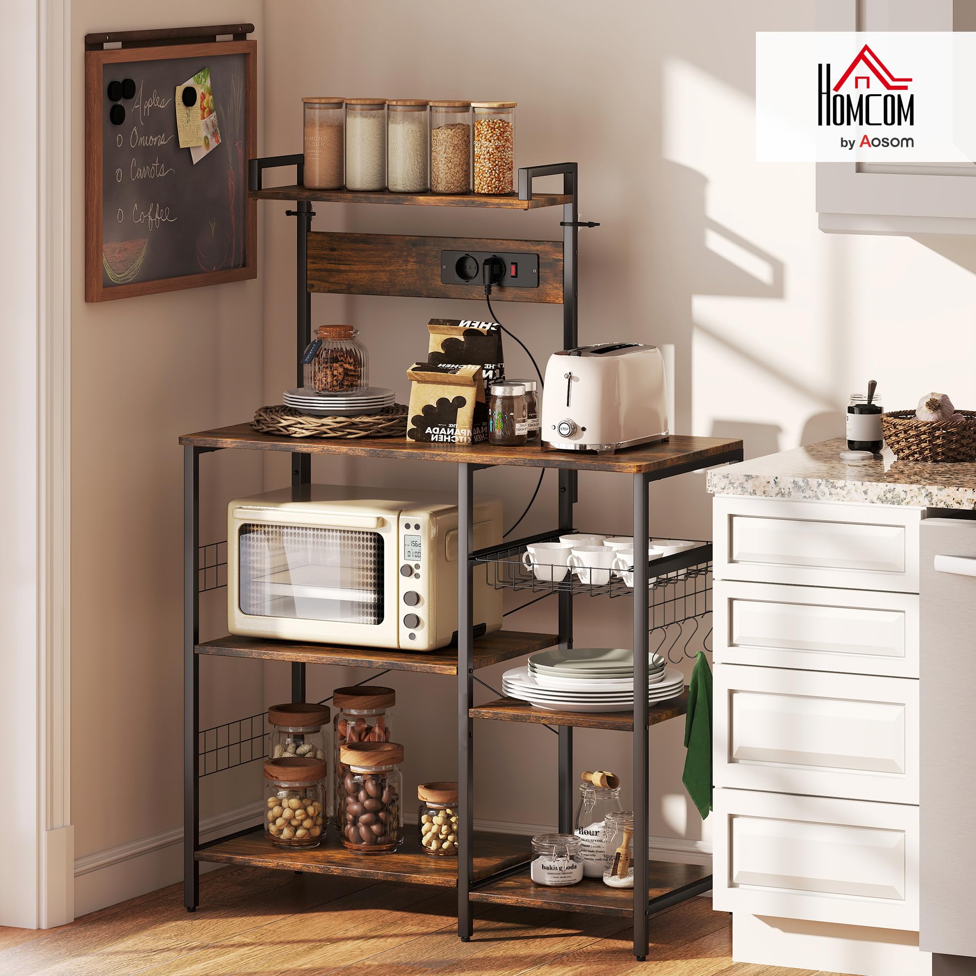 HOMCOM Étagère de cuisine, sur pied, avec 2 prises, 5 crochets en S, 5 étagères, étagère de boulangerie avec panier, barres en X, bar à café en acier, marron rustique, 90 x 42 x 130 cm