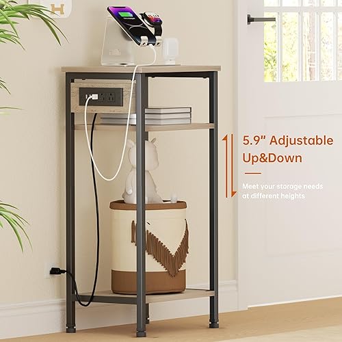 Miniatura 21 de Mesa auxiliar alta con estación de carga, mesita de noche estrecha de 3 niveles con almacenamiento, mesa auxiliar delgada con puertos USB y salidas