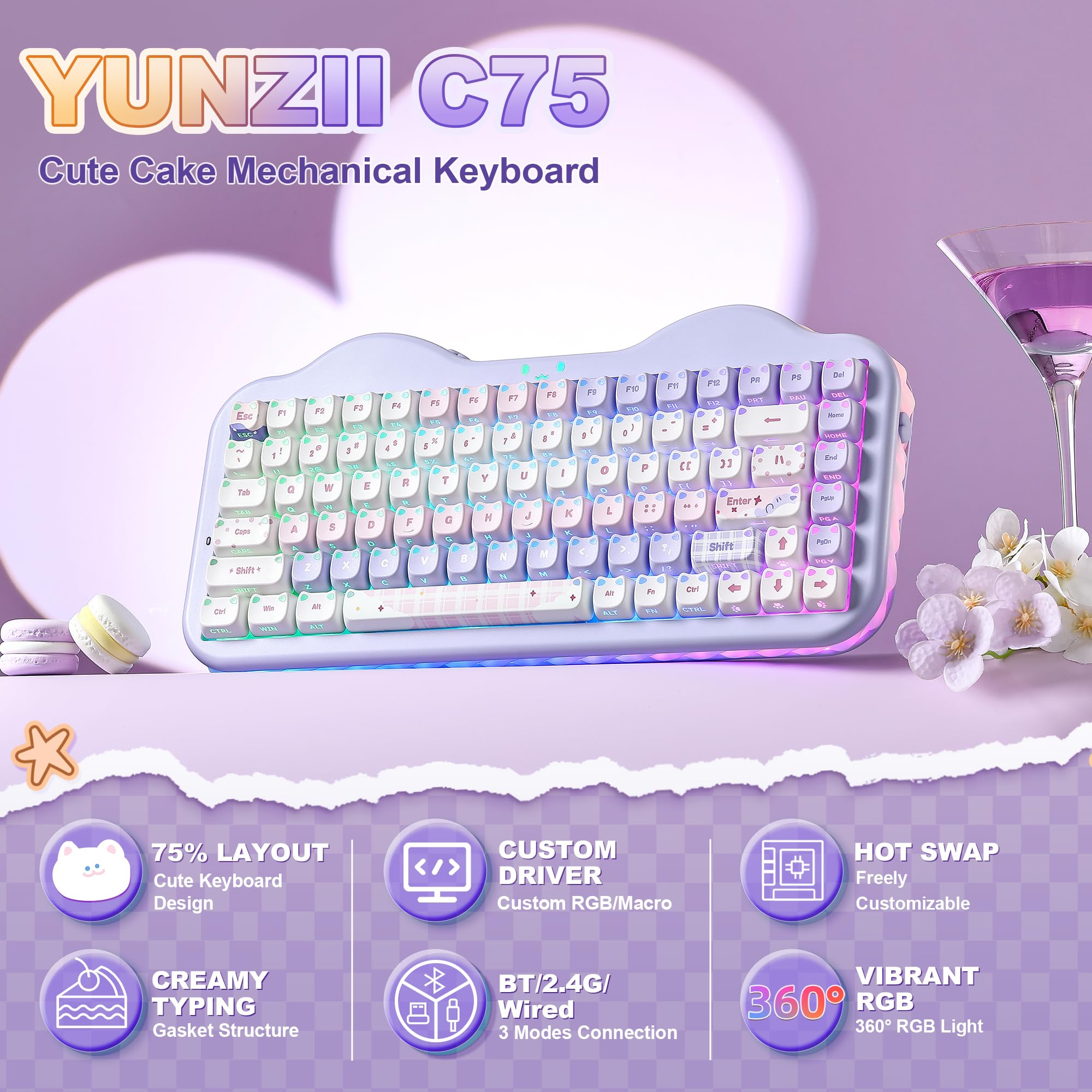 YUNZII C75 MAO Cat Tastiera Meccanica Gaming (Purple, Candy-linear) | 75% Layout, Hot Swap, BT/2.4G/USB-C, PBT Keycaps, RGB Retroilluminata, Suono Cremoso Thocky, NKRO, Cute Keyboard for Gaming