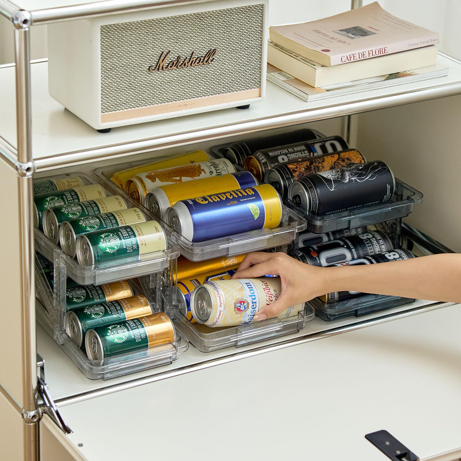 Paquete de 2 dispensadores de latas de refresco para refrigerador, organizador de latas de sode ancho elástico, organizador apilable de latas de bebidas para refrigerador, despensa,