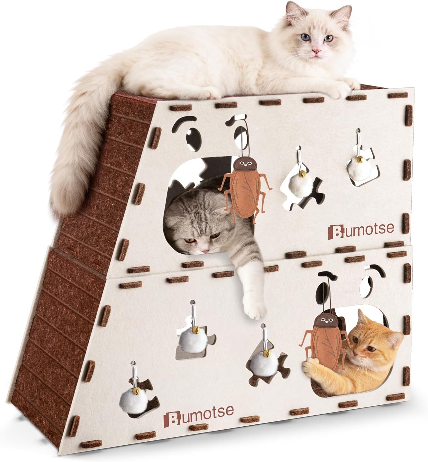 2-Story Large Cat Condo for Indoor Cats with Catnip Toy, Felt Cat Cave House with Scratching Tunnel, No-Tool Assembly Warm Silent Cat Bed for Multi-Cat Households, Durable and Washable, Cream