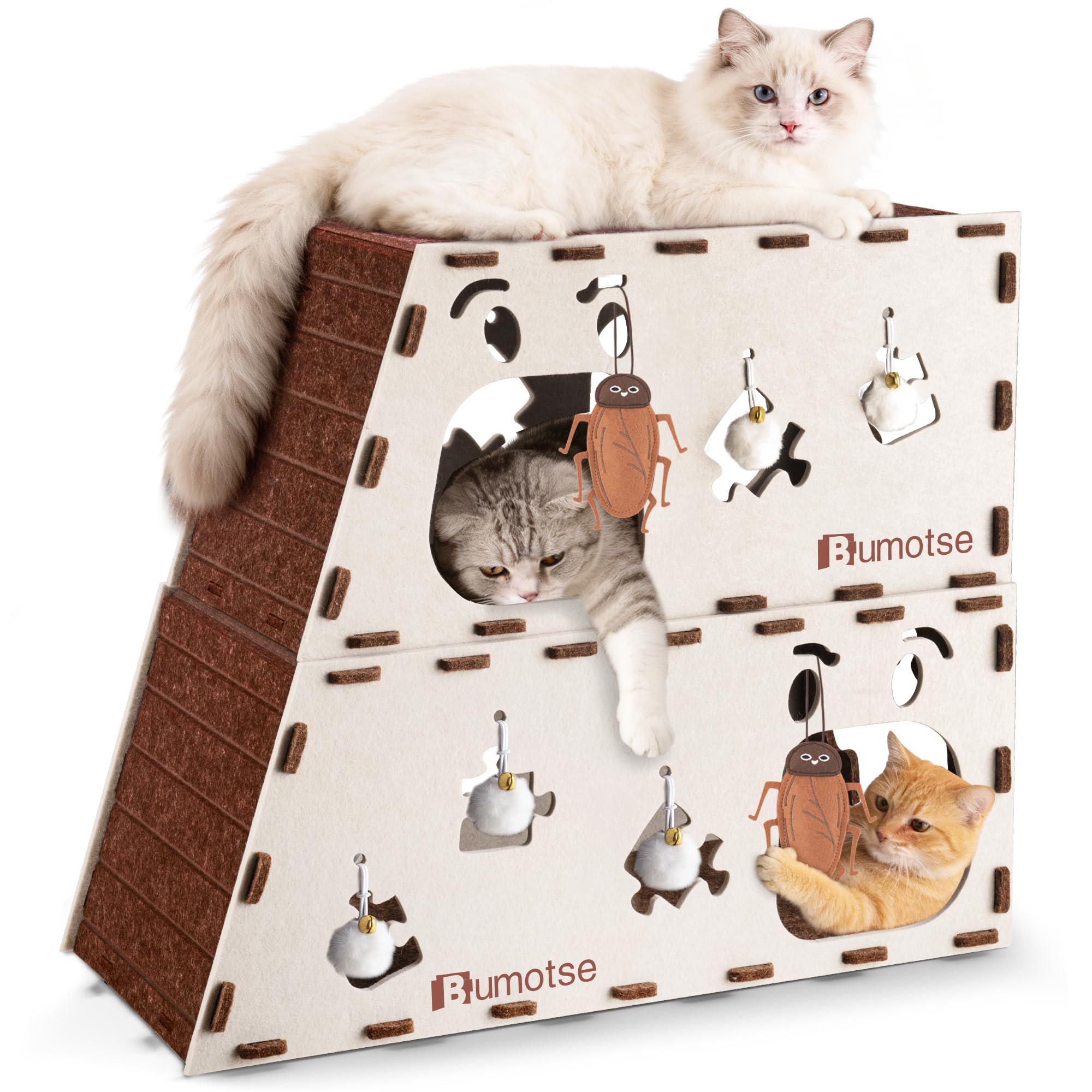 Condominio grande de 2 pisos para gatos de interior con juguete de hierba gatera, casa cueva de fieltro para gatos con túnel para rascar, sin herramientas, cama cálida y silenciosa para