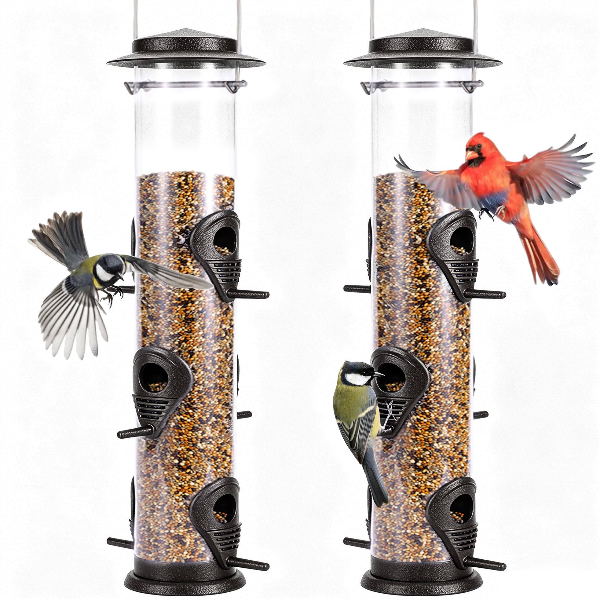 Metal Bird Feeder Tube Hanging Feeders Wild Bird Seed Feeder Heavy Duty Metal 6 Port Bird Feeders with Steel Hanger Weatherproof and Water Resistant Great for Attracting Birds (Coffee) -2pk