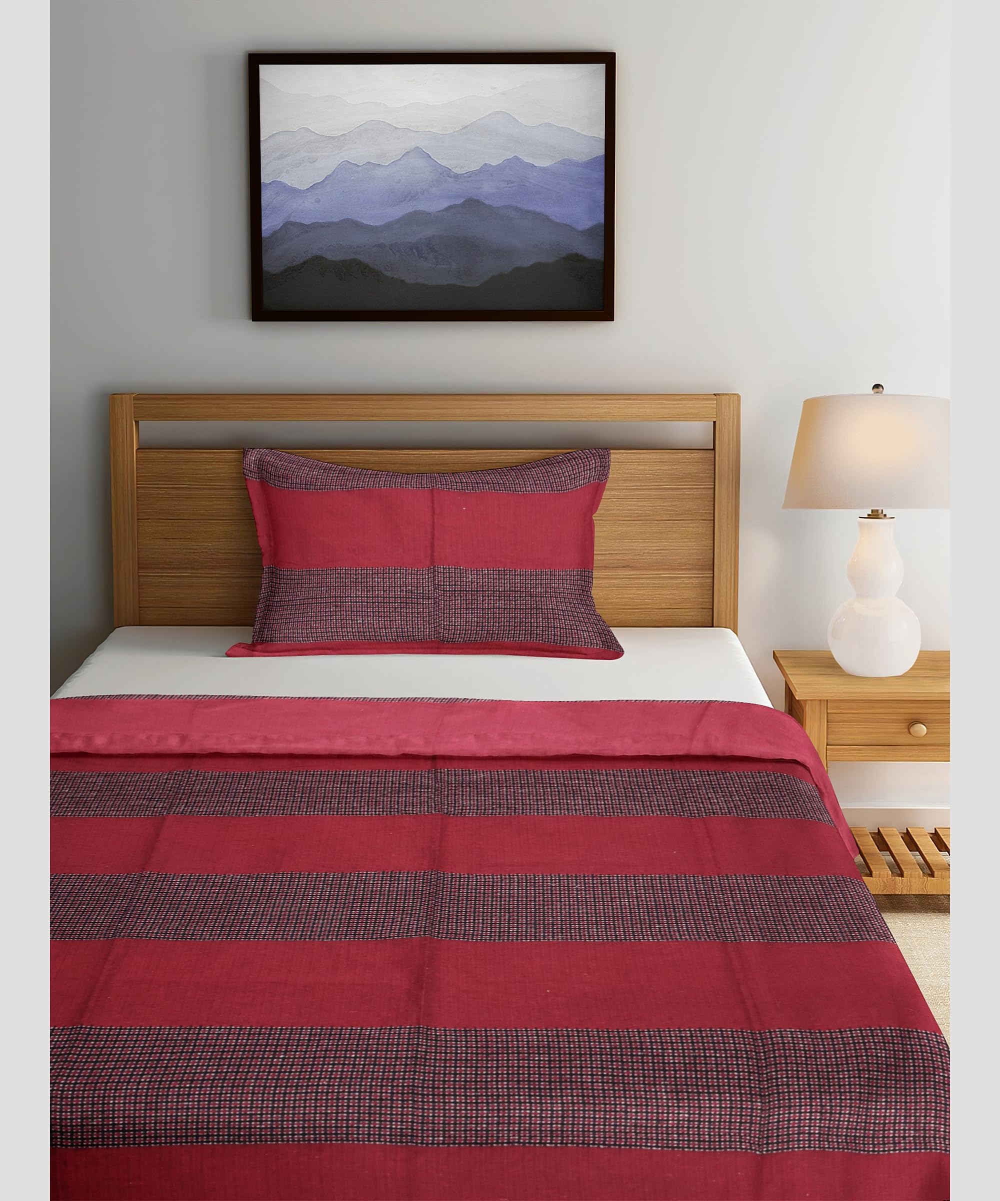 Saras Aajeevika|Handmade Cotton Single Bed Sheet|Maroon Black Line|310 GSM|Hand Block Print|Luxury Soft Sheets|90x60 inches|Maroon Black Line|0.668 Grm