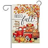 Dyrenson Hello Fall Red Truck Decorative Garden Flag, Autumn Thanksgiving Harvest Season Pumpkin Maple Tree Yard Outside Home Decoration, Farmhouse Burlap Outdoor Small Decor Double Sided 12 x 18