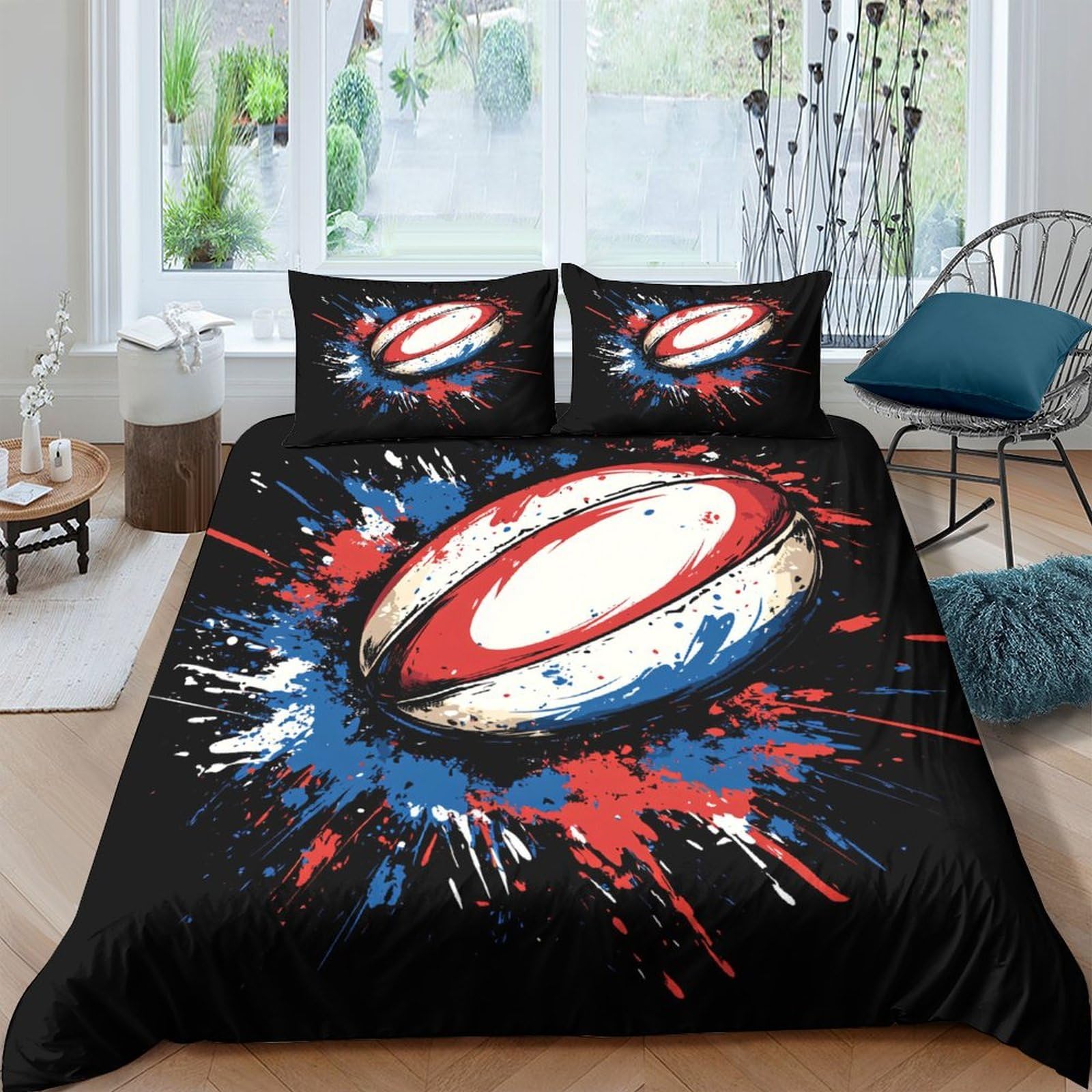 Ctjqhvkz Style-8 3D Printed Rugby Ball Splash Fitted Sheet Microfiber Soft Black Red Blue Bed Cover For Bedroom Guest Room Décor Single（135X200cm）