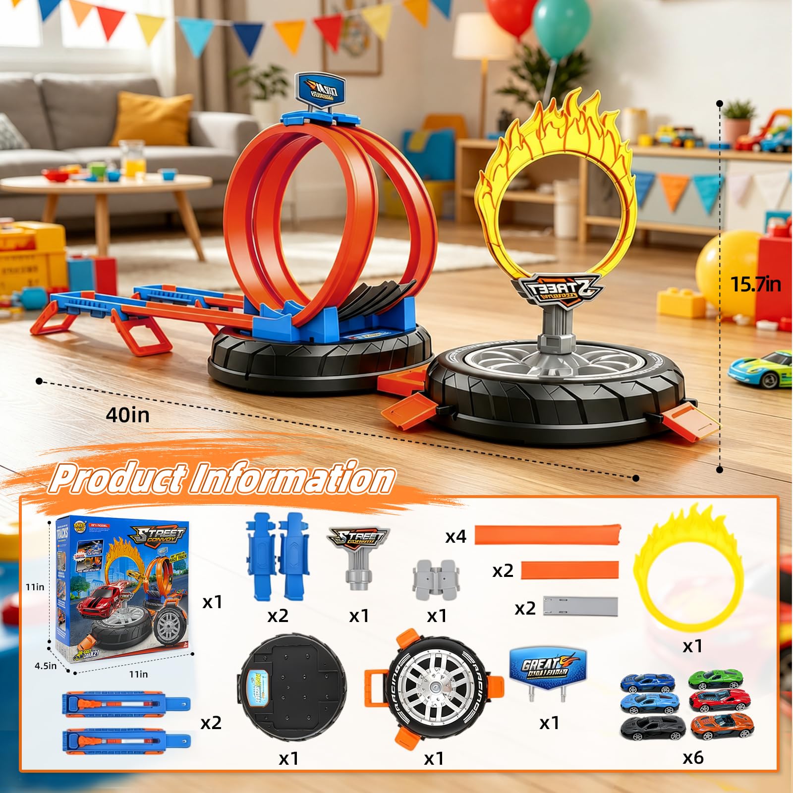 Circuit De Course pour Enfants Comprend 6 Petites Voitures, 2 Rampes Et 1 Boîte De Rangement pour Les Pneus. Convient Aux Filles Et Aux Garçons De 3 À 6 Ans