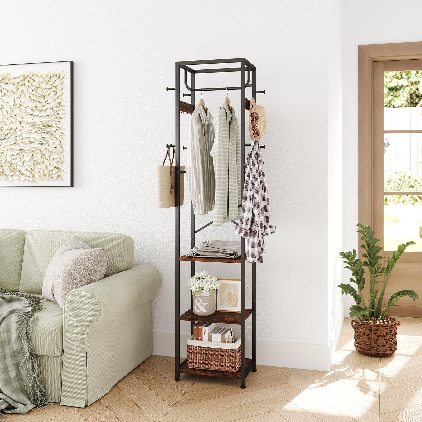 ELYKEN Vestiaire d'Entrée 40x30x180cm, Porte-Manteau Industriel | avec 3 Étagères Bois d'Ingénierie, Portant à Vêtements Gain de Place avec 12 Crochets pour Couloir Chambre, Marron Rustique