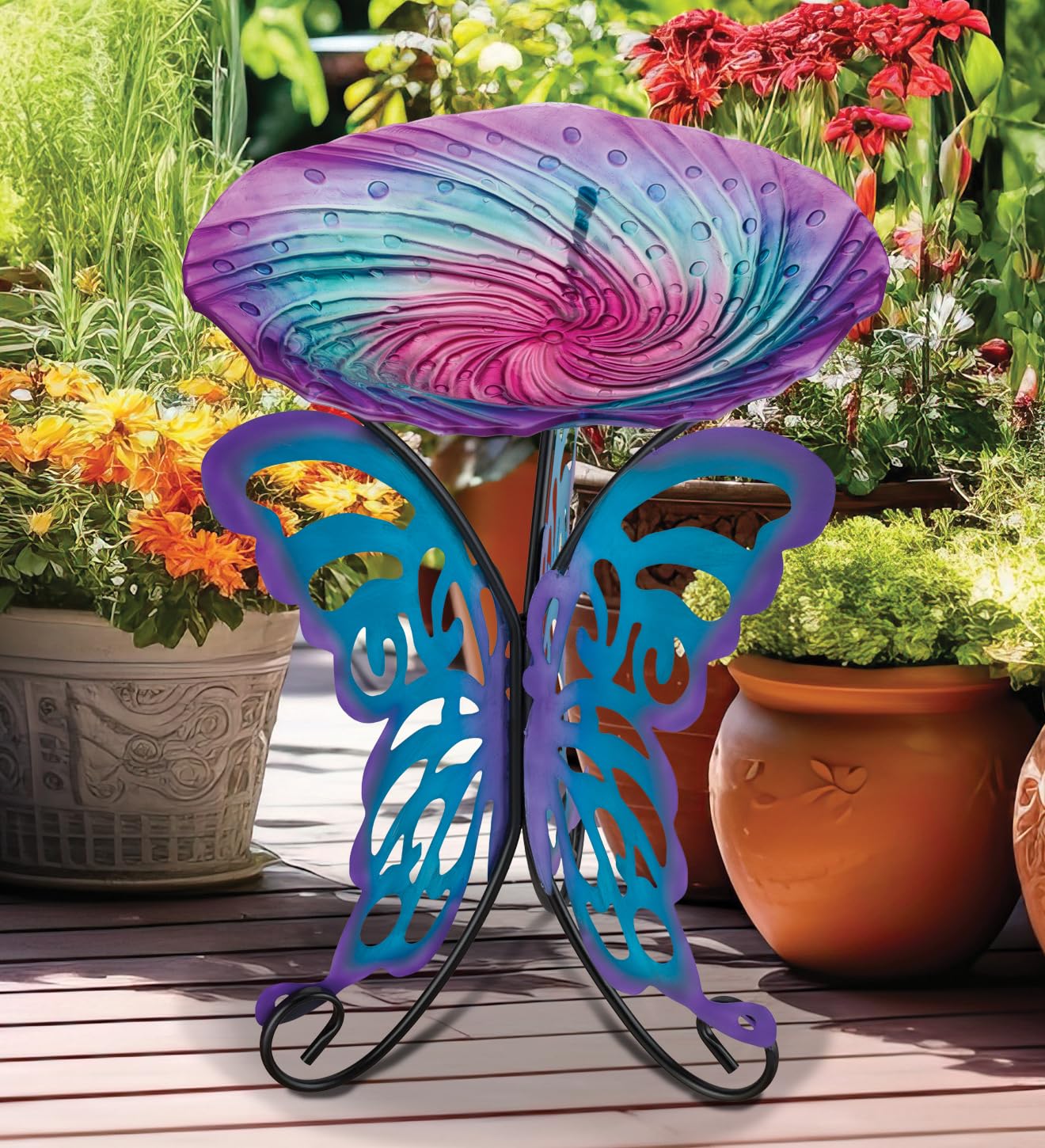 Regal Art & Gift Vogeltränke mit Ständer – langlebige Glasschale mit robustem Metallständer, leicht zu befüllen, ideal für Terrasse, Veranda und Gartendekoration – Schmetterling