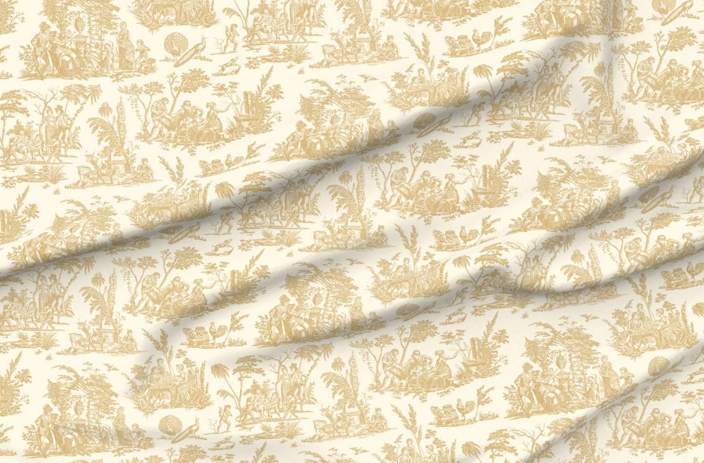 Spoonflower Fabric - Toile Cosmic Latte French Romantic Gold Cream Printed on Denim Fabric by The Yard - Bottomweight Apparel Home Decor Upholstery