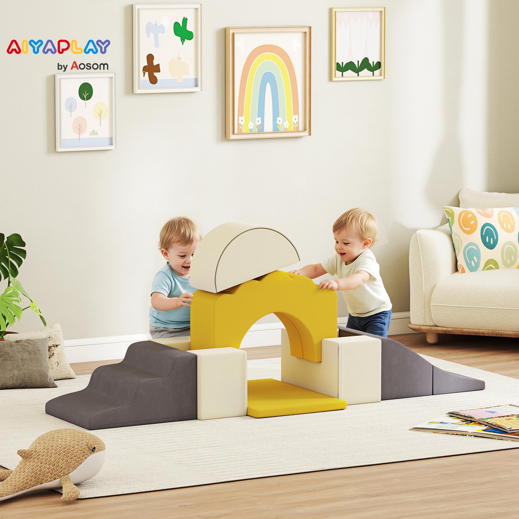 AIYAPLAY Parcours motricité bébé modulable, Blocs Mousse éducatifs, 7 pièces avec Housse Lavable en Velours, Base antidérapante, Jeu de motricité intérieure pour Enfants 6 Mois à 3 Ans, Jaune
