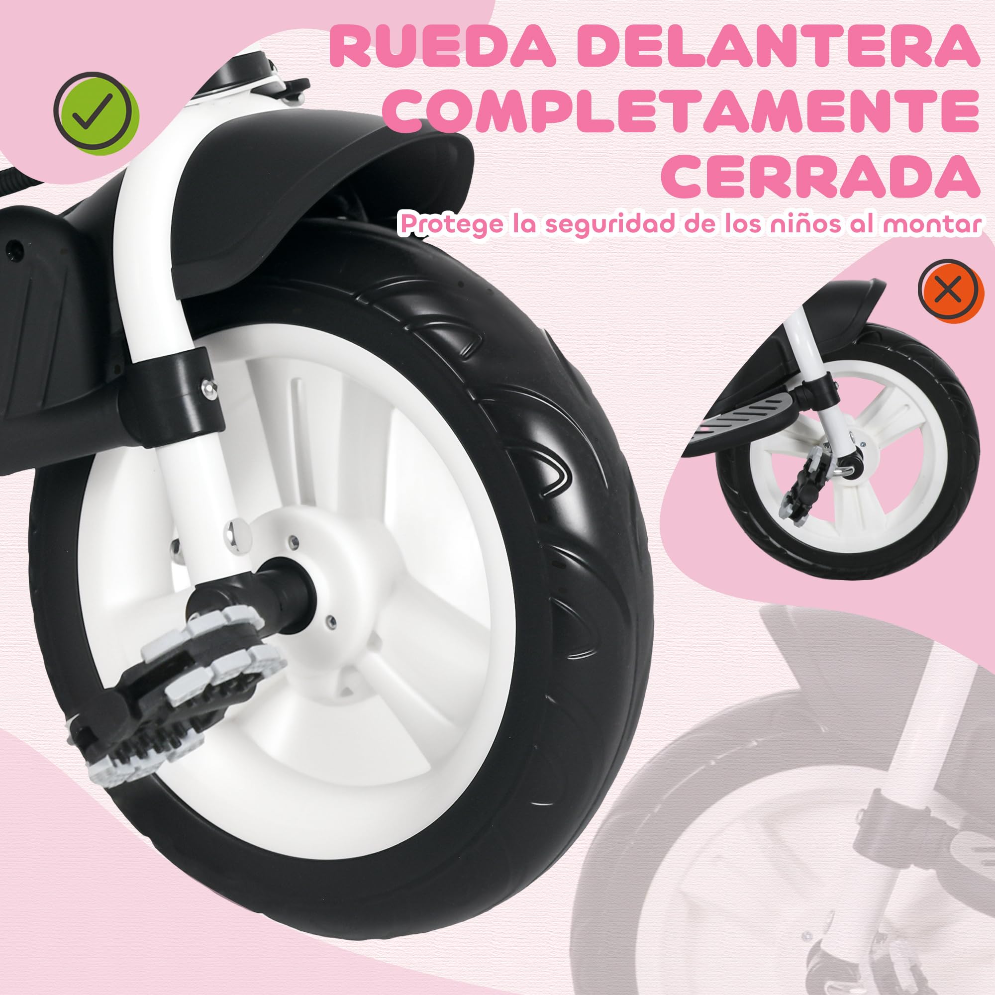 HOMCOM Triciclo para Bebés Triciclo Evolutivo para Niños con Toldo Plegable Mango de Empuje Telescópico y Desmontable Bolso para Mamá y Portabotellas 102x49x102 cm Rosa