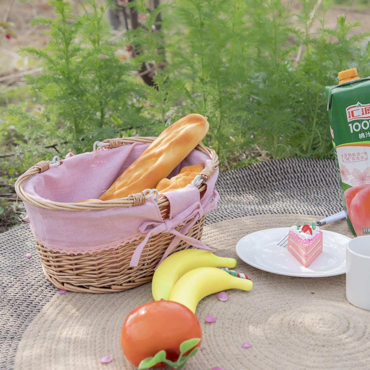 Small Wicker Basket with Removable Pink Liner, Willow Storage Basket for Gifts with Double Handles, Easter Basket,Wedding,Egg Gathering,Pink