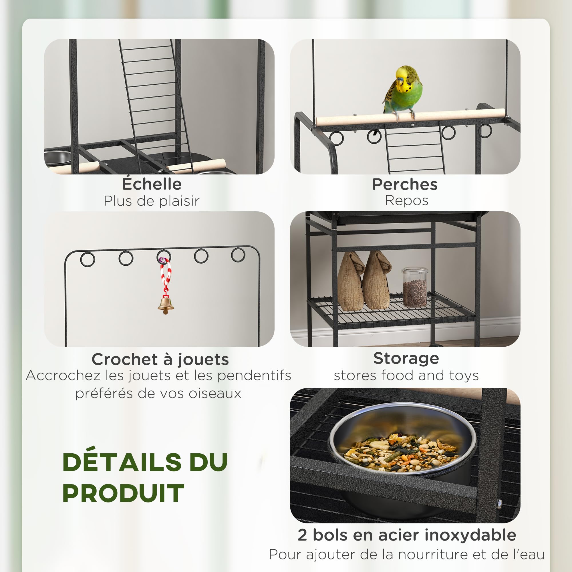 PawHut Aire de Jeu pour Oiseaux avec Perchoirs en Bois, Échelle, Mangeoires INOX, Bac Coulissant, 62,5 x 62,5 x 155 cm, Gris foncé
