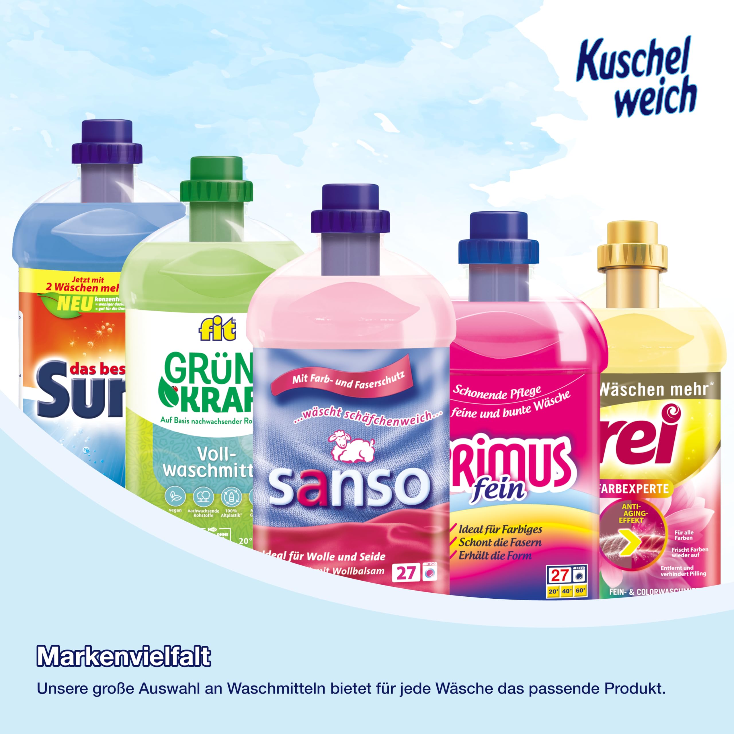 Kuschelweich Detergente completo de viento de verano (XXL: 105 WL) – Detergente líquido para 100 + 5 lavados – Detergente líquido (3 botellas) para ropa blanca