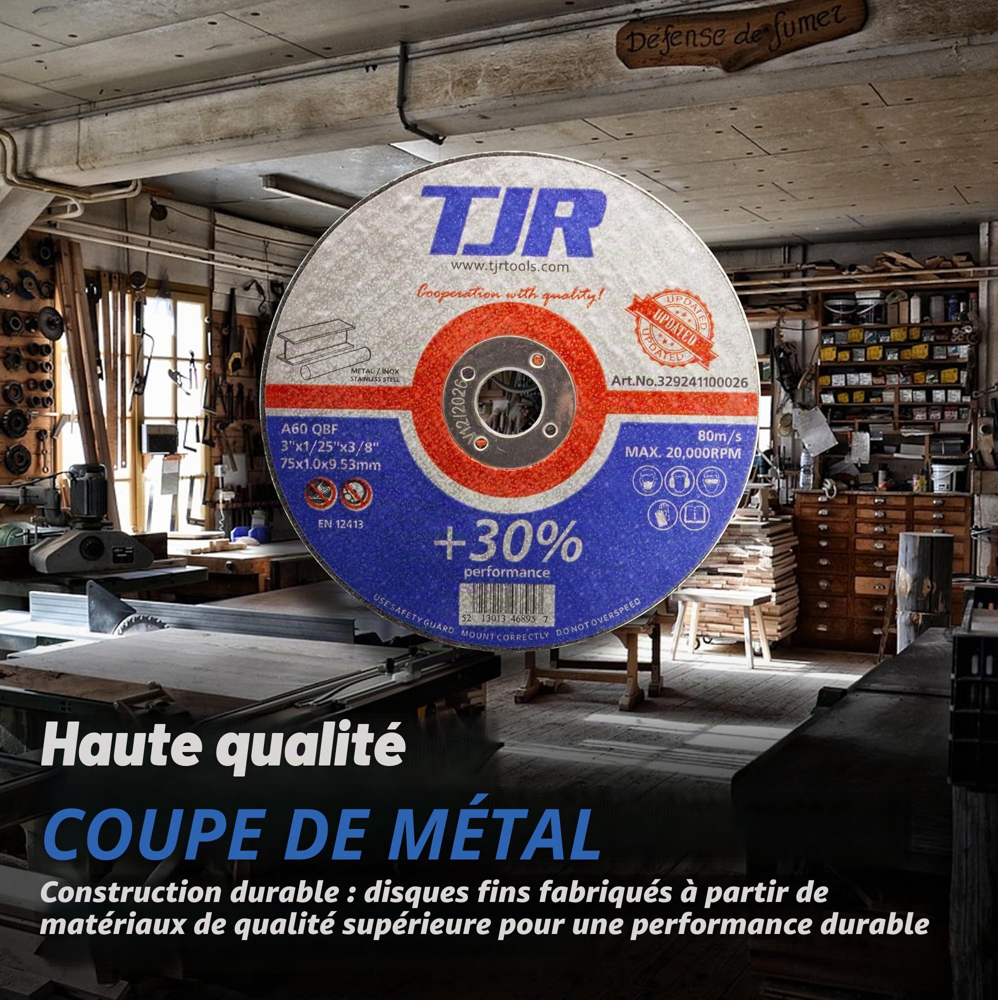 TJR© Kit de disques de coupe et mandrin pour meuleuse droite - Comprend 1 mandrin de 6 x 9,53 mm et 25 disques minces de 75 mm x 1 mm, A60 QBF, 9,53 mm AH