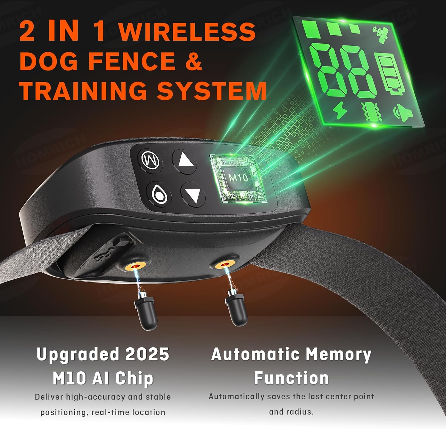 Homrich 2 in1 GPS Wireless Dog Fence, Electric Dog Fence, IPX7 Waterproof Pet Containment System with 3 Training Modes Invisible Fence with 2 Replacement Collars for Dogs Over 8 Lbs Outdoor Use