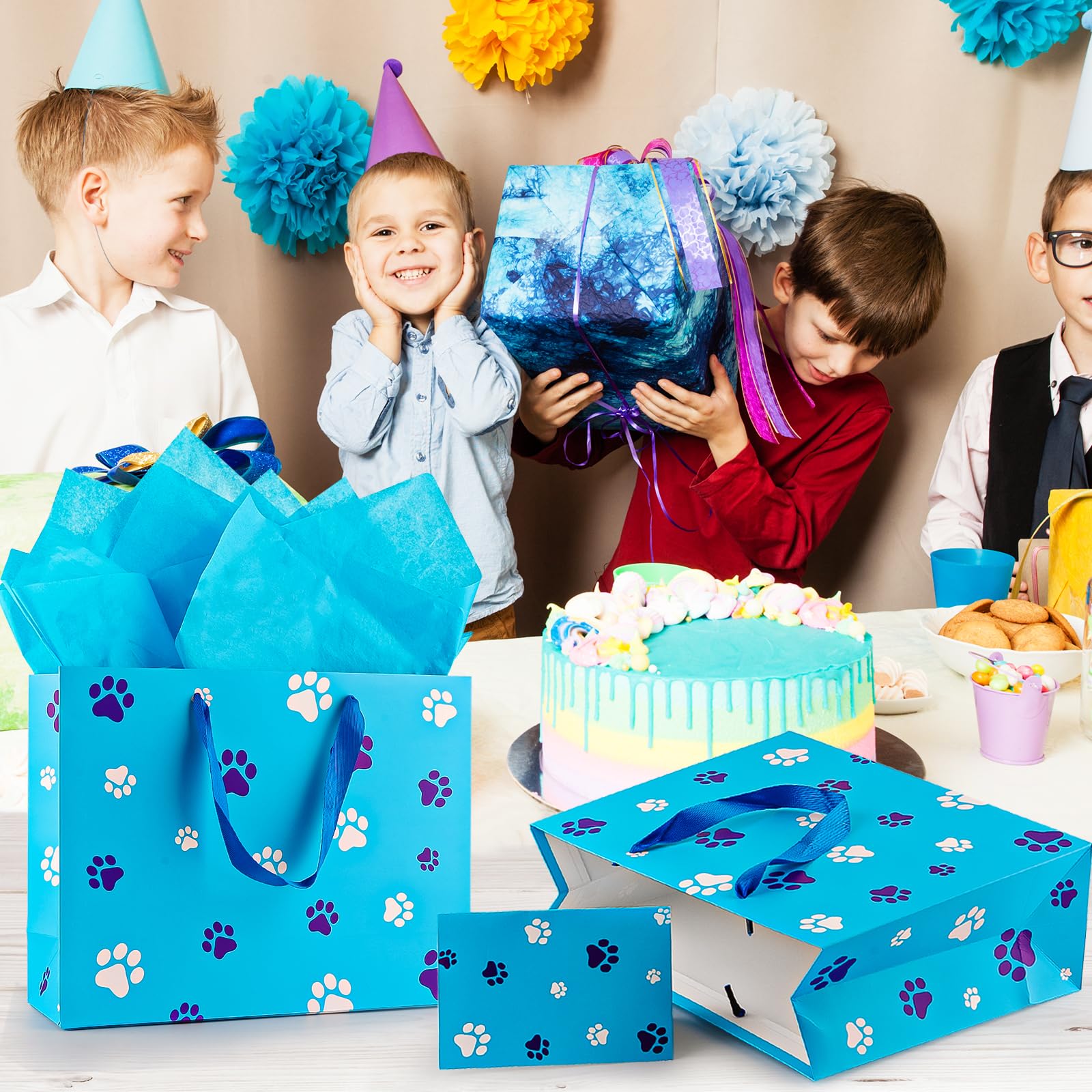 FUNCANDLE 13" Blue Dog Paw Print Gift Bags with Cards Tissue Paper, Blue White Dog Wrapping Paper Dog Themed Party Decoration for Girl Boy Kids Christmas Pet Birthday Gift Party Supplies