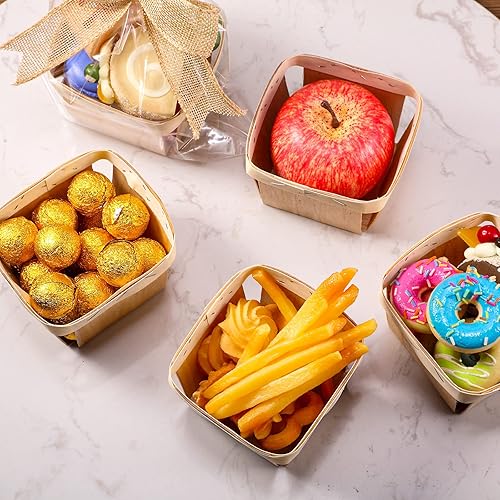 Miniatura 7 de Kigley Juego de 24 cestas de regalo de madera vacías de 4 pulgadas, canasta de bayas de imitación de yute, bolsas transparentes para dulces para