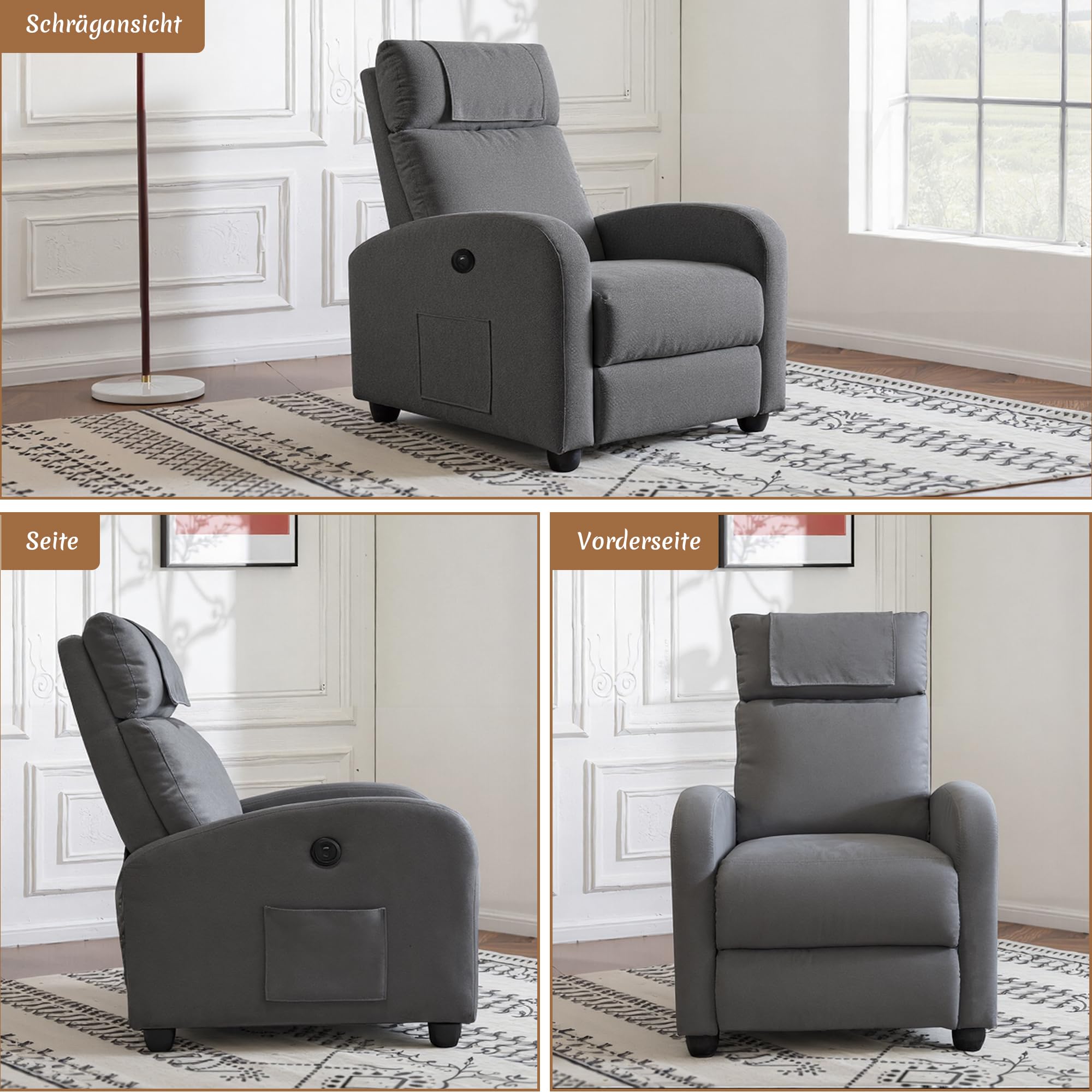 BonVache Relaxsessel, Fernsehsessel, Freizeitsessel mit USB- & Type-C-Ladeanschlüssen, verstellbare Rückenlehne und Fußstütze, Einzelsessel für Wohnzimmer, Schlafzimmer, Büro, Leinenstoff, Dunkelgrau