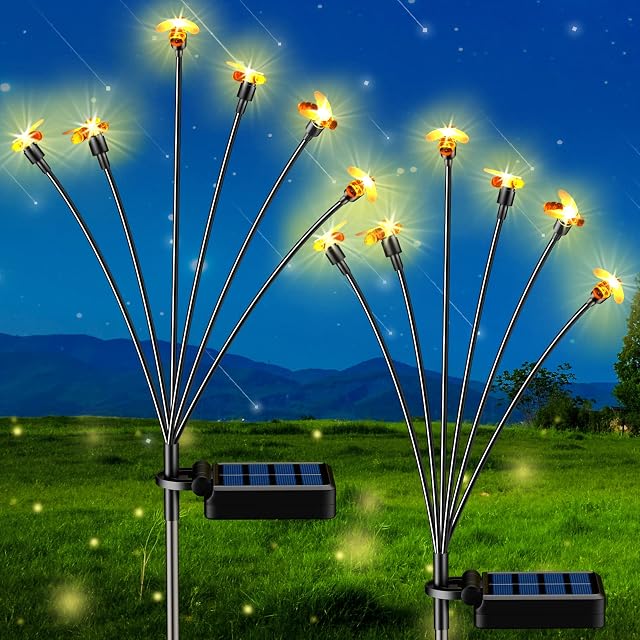 Solar Lights Outdoor Garden, Honey Bee Swaying Lights 8 Mode Solar Starburst Lights Waterproof Outdoor Garden Ornaments Lights Outdoor Decorative Stake Lights for Lawn Patio Garden