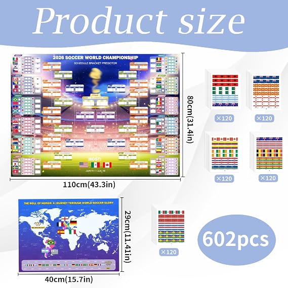 World Cup Wall Chart 2026, Complete Football Tracking Poster Set with 600 Flag Stickers, Match Poster for Home and Sports Venue Decorations, World Cup 2026 Merchandise and Party Organisation