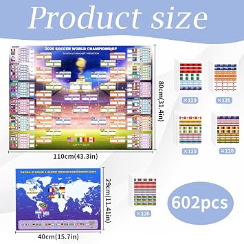 World Cup Wall Chart 2026, Complete Football Tracking Poster Set with 600 Flag Stickers, Match Poster for Home and Sports Venue Decorations, World Cup 2026 Merchandise and Party Organisation