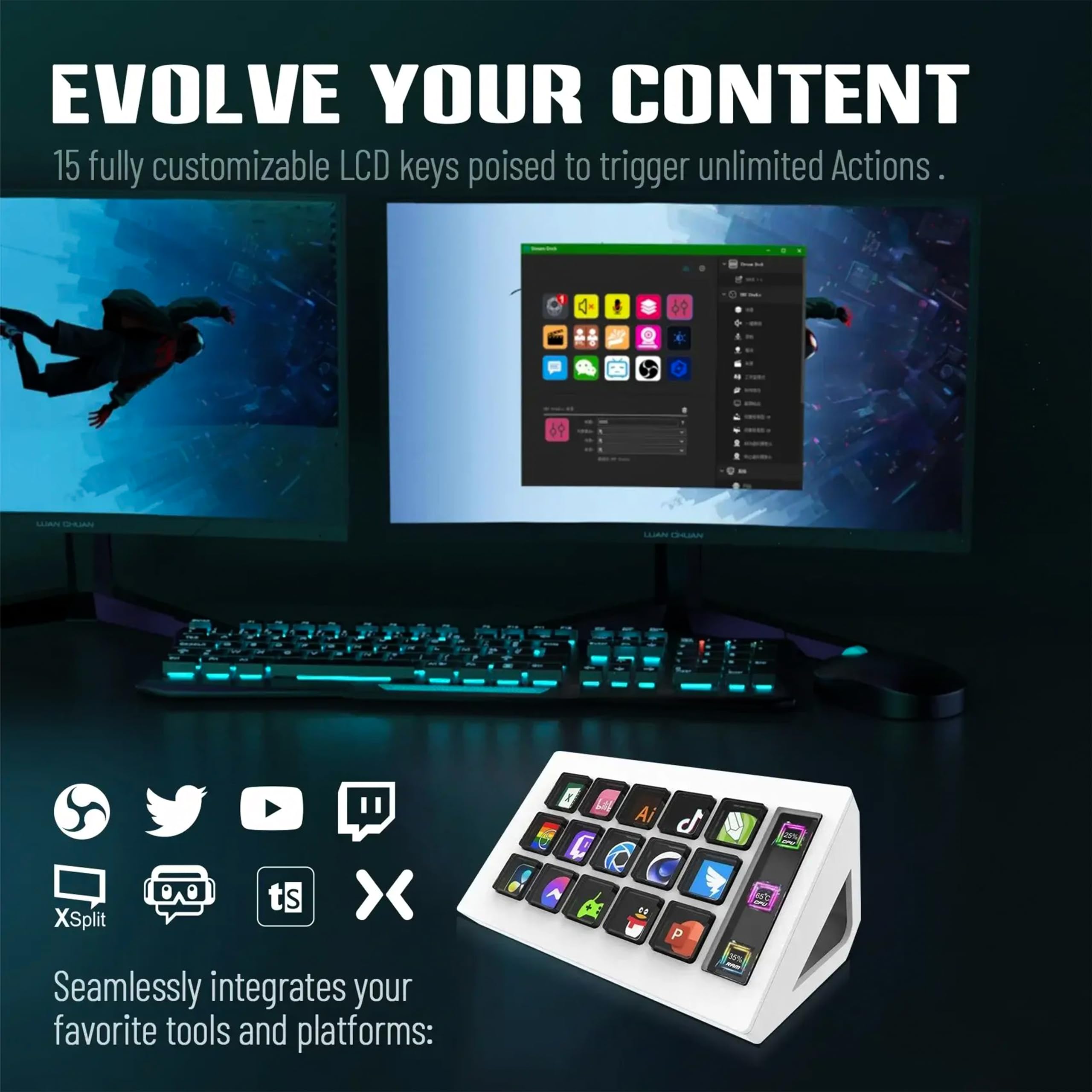 Contrôleur de création de Contenu en Direct avec 15 Touches LCD Personnalisable + Panneau latéral, accès Facile aux Commandes, intuitif et Efficace.