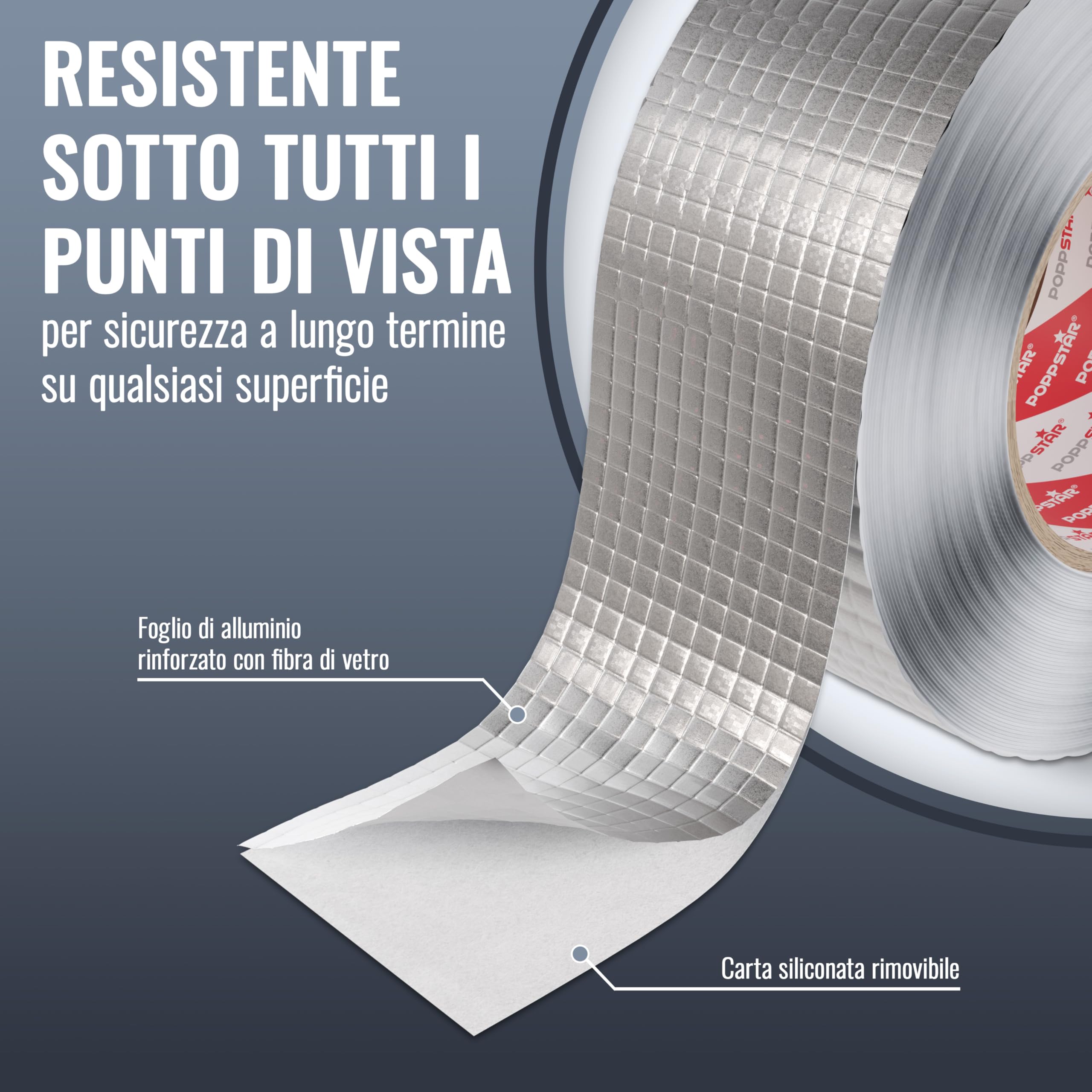 POPPSTAR Nastro adesivo alluminio in fibra di vetro per isolamento tubi e coibentazione (50m x 48mm) Protezione da calore e condensa Nastro autoadesivo alluminio resistente al calore 48mm